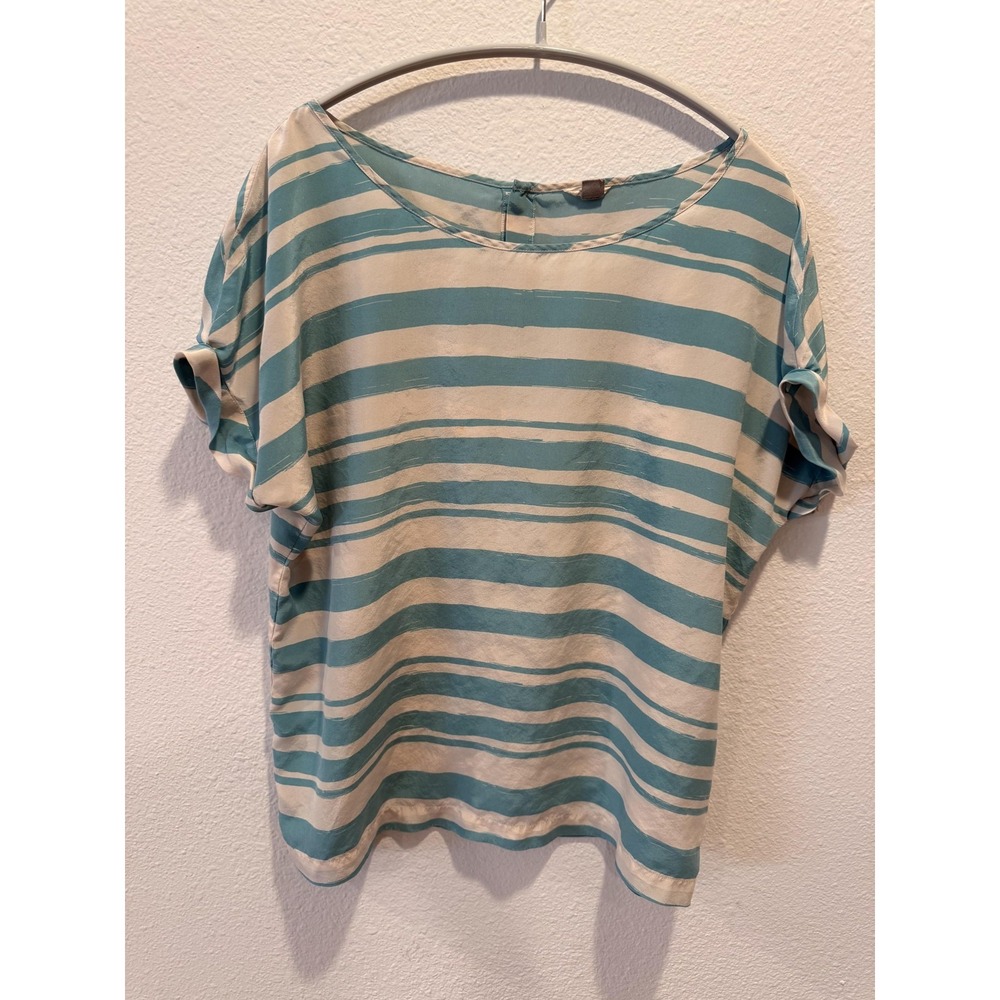 Fossil Shirt Womens Medium Blue White  Silk 100% Silk Striped Dolman Blouse Top